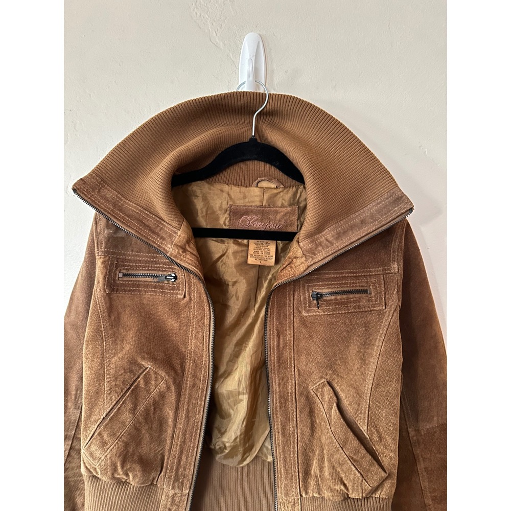 Joujou Brown Suede Leather Bomber Jacket Ribbed Collar Cropped Y2K small/medium - Picture 14 of 16